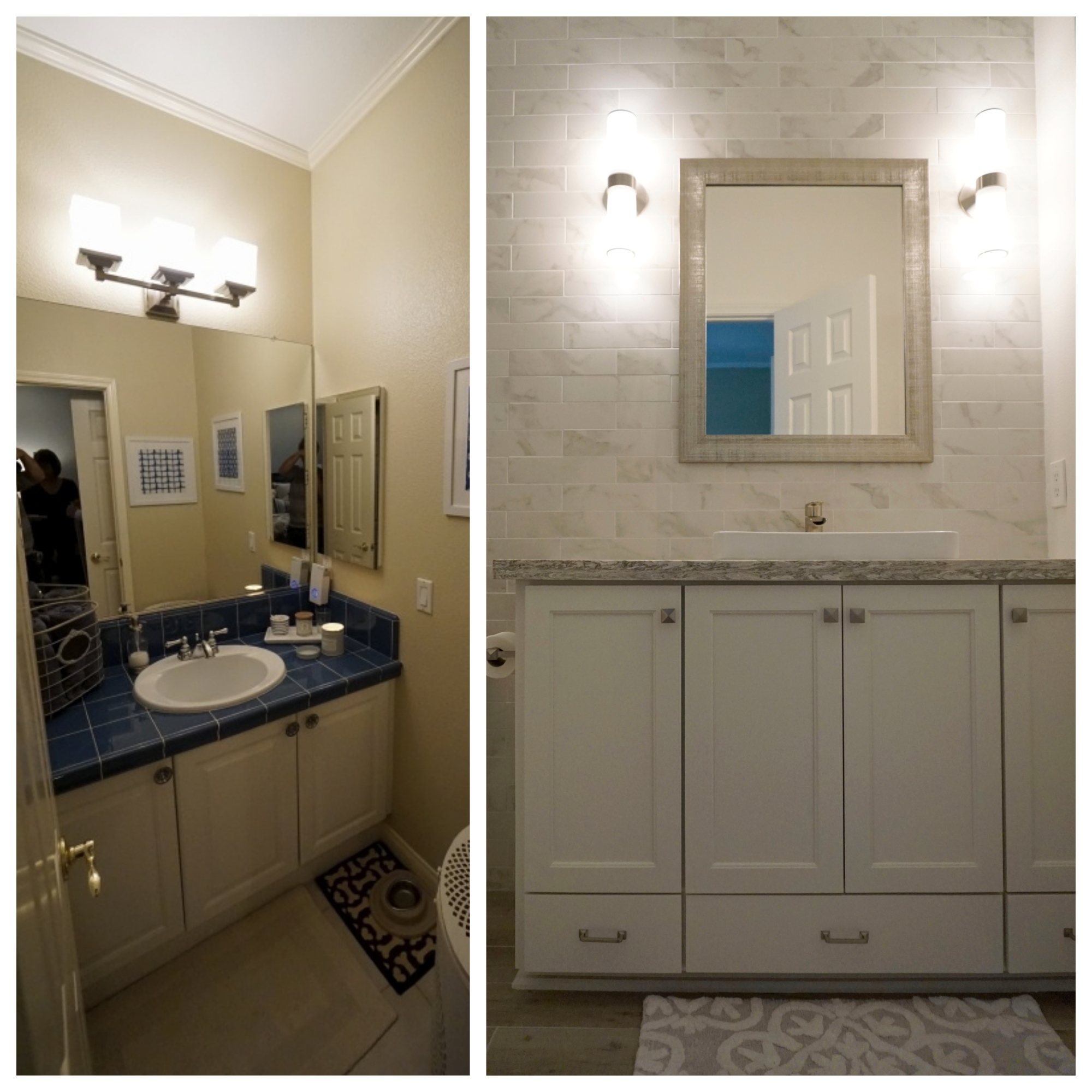 Fuller upstairs vanity before and after Restoration, Water and fire