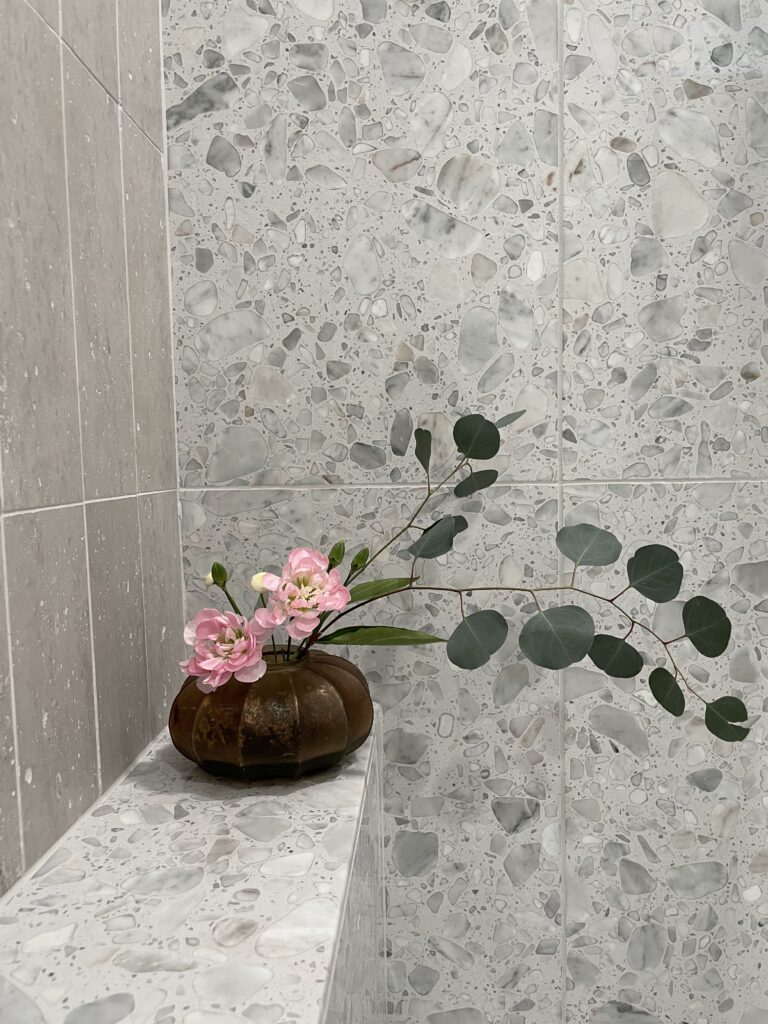 Shower Details - Terrazzo, limestone and shower bench